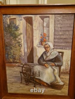 Tableau Ancien, Huile Sur Toile Représentant Une Fileuse
