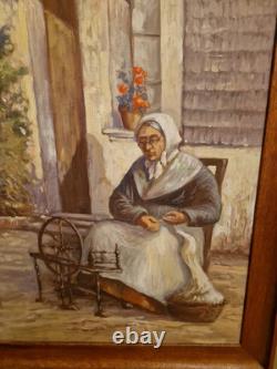 Tableau Ancien, Huile Sur Toile Représentant Une Fileuse