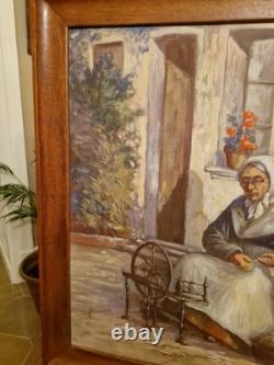 Tableau Ancien, Huile Sur Toile Représentant Une Fileuse