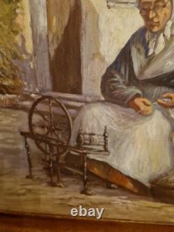 Tableau Ancien, Huile Sur Toile Représentant Une Fileuse