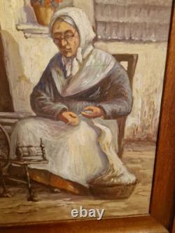 Tableau Ancien, Huile Sur Toile Représentant Une Fileuse