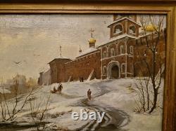 Tableau Ancien, Huile Sur Toile Russe, Paysage De Neige, Signée