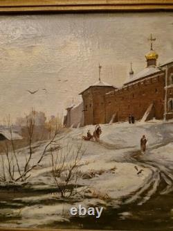 Tableau Ancien, Huile Sur Toile Russe, Paysage De Neige, Signée