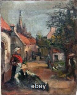 Tableau Ancien Huile Sur Toile Village Animée Début 20 Ème Impressionniste