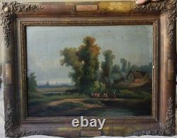 Tableau Ancien Huile Toile fin XIX Paysage Vaches Signé Cadre Cachet A Restaurer