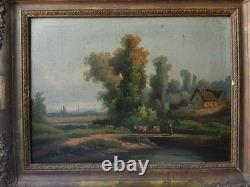 Tableau Ancien Huile Toile fin XIX Paysage Vaches Signé Cadre Cachet A Restaurer