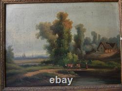 Tableau Ancien Huile Toile fin XIX Paysage Vaches Signé Cadre Cachet A Restaurer