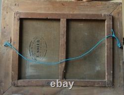 Tableau Ancien Huile Toile fin XIX Paysage Vaches Signé Cadre Cachet A Restaurer