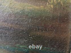 Tableau Ancien Huile Toile fin XIX Paysage Vaches Signé Cadre Cachet A Restaurer