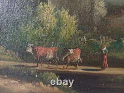 Tableau Ancien Huile Toile fin XIX Paysage Vaches Signé Cadre Cachet A Restaurer