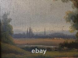 Tableau Ancien Huile Toile fin XIX Paysage Vaches Signé Cadre Cachet A Restaurer
