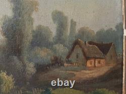 Tableau Ancien Huile Toile fin XIX Paysage Vaches Signé Cadre Cachet A Restaurer