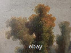 Tableau Ancien Huile Toile fin XIX Paysage Vaches Signé Cadre Cachet A Restaurer