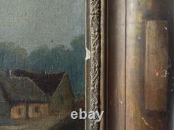 Tableau Ancien Huile Toile fin XIX Paysage Vaches Signé Cadre Cachet A Restaurer