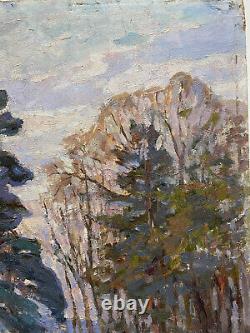 Tableau Ancien Huile s/Panneau Ecole Russe Paysage de Rivière L. 80 cm Signé