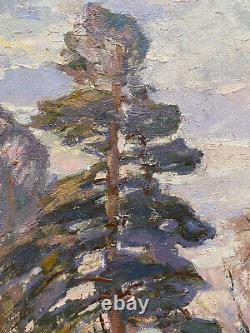 Tableau Ancien Huile s/Panneau Ecole Russe Paysage de Rivière L. 80 cm Signé
