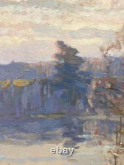 Tableau Ancien Huile s/Panneau Ecole Russe Paysage de Rivière L. 80 cm Signé