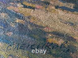 Tableau Ancien Huile s/Panneau Ecole Russe Paysage de Rivière L. 80 cm Signé