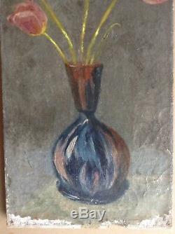 Tableau Ancien Huile style Kees Van DONGEN Vase de Tulipes sur fond gris c1900