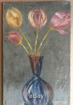 Tableau Ancien Huile style Kees Van DONGEN Vase de Tulipes sur fond gris c1900