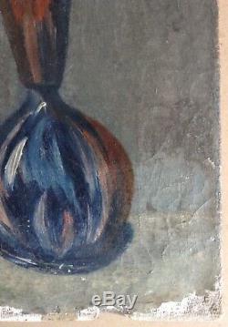 Tableau Ancien Huile style Kees Van DONGEN Vase de Tulipes sur fond gris c1900