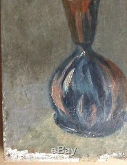 Tableau Ancien Huile style Kees Van DONGEN Vase de Tulipes sur fond gris c1900