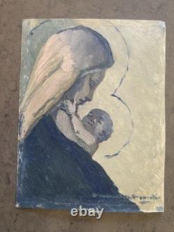 Tableau Ancien Huile sur Carton Vierge à l'Enfant Signé FROUYNK Vers 1950
