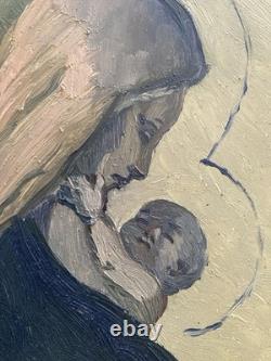 Tableau Ancien Huile sur Carton Vierge à l'Enfant Signé FROUYNK Vers 1950
