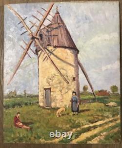 Tableau Ancien Huile sur Panneau Paysage Moulin France XXe Siècle
