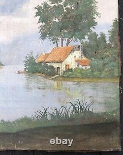 Tableau Ancien Huile sur Toile Paysage Maison Rivière Lac Ciel Arbres XIXe