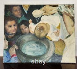 Tableau Ancien Huile sur Toile Scène de Baptême Art Religieux 60x52 cm Vintage