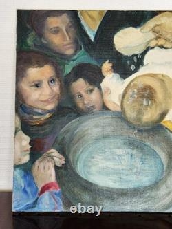 Tableau Ancien Huile sur Toile Scène de Baptême Art Religieux 60x52 cm Vintage