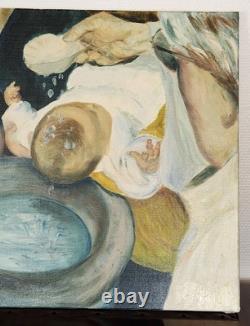 Tableau Ancien Huile sur Toile Scène de Baptême Art Religieux 60x52 cm Vintage
