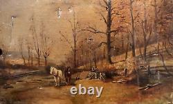 Tableau Ancien Huile sur toile 19ème siècle Paysage Forestier avec Cheval