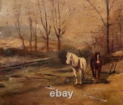 Tableau Ancien Huile sur toile 19ème siècle Paysage Forestier avec Cheval