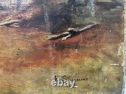 Tableau Ancien Huile sur toile 19ème siècle Paysage Forestier avec Cheval