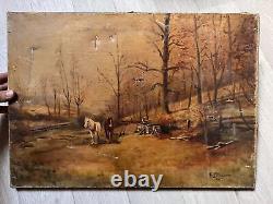 Tableau Ancien Huile sur toile 19ème siècle Paysage Forestier avec Cheval