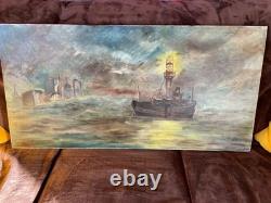 Tableau Ancien Huile sur toile INCONNU (début XXe-s) bateau feu le havre