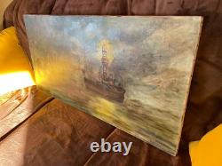 Tableau Ancien Huile sur toile INCONNU (début XXe-s) bateau feu le havre