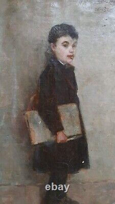 Tableau Ancien Impressionniste 1888 Portrait Enfant Garçon Ecolier 44 x 22 cms