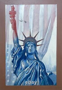 Tableau Ancien, La Statue De La Liberté, Huile Sur Panneau, Peinture, Début XXe