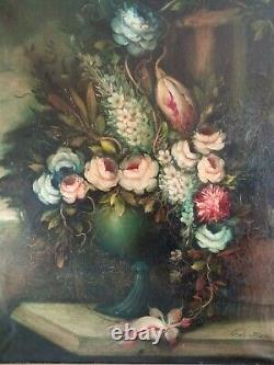 Tableau Ancien Nature Morte Huile Sur Toile Bouquet Fleurs Cadre Doré Xviiième