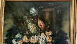 Tableau Ancien Nature Morte Huile Sur Toile Bouquet Fleurs Cadre Doré Xviiième