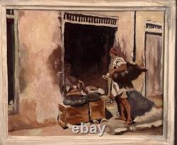 Tableau Ancien Orientaliste Maroc Huile Sur Panneau Signé Le Porteur D'Eau