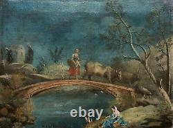 Tableau Ancien, Paysage Animé Au Pont, Huile Sur Toile, Peinture, XVIIIe