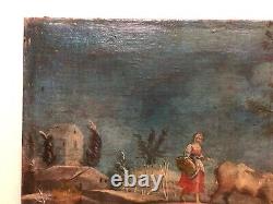 Tableau Ancien, Paysage Animé Au Pont, Huile Sur Toile, Peinture, XVIIIe