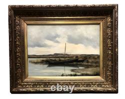Tableau Ancien Paysage Les barques Huile sur panneau Pierre PIGNOLAT (1838-1913)