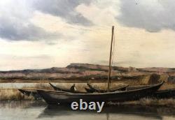 Tableau Ancien Paysage Les barques Huile sur panneau Pierre PIGNOLAT (1838-1913)