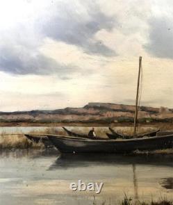 Tableau Ancien Paysage Les barques Huile sur panneau Pierre PIGNOLAT (1838-1913)