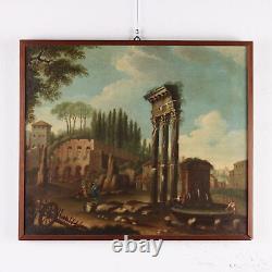 Tableau Ancien Paysage avec Ruines'700-'800 Huile sur Toile